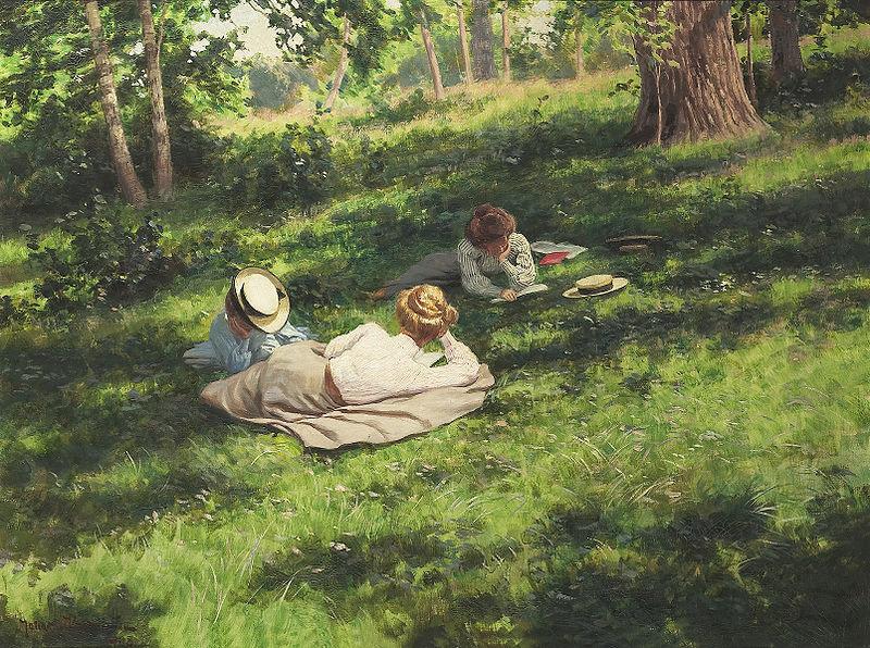 johan krouthen Three reading women in a summer landscape Germany oil painting art